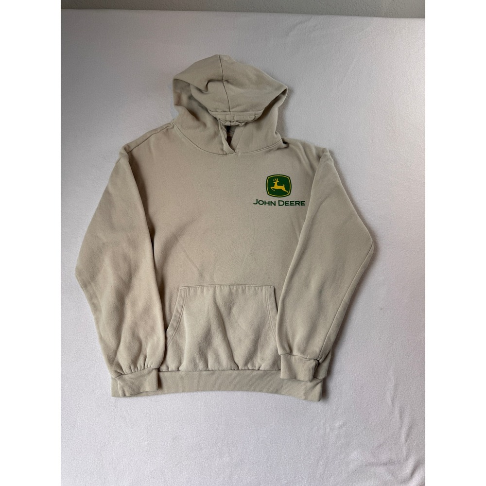 John Deere Boys XL Cream Logo Hoodie Front Back Graphic Pullover Sweatshirt